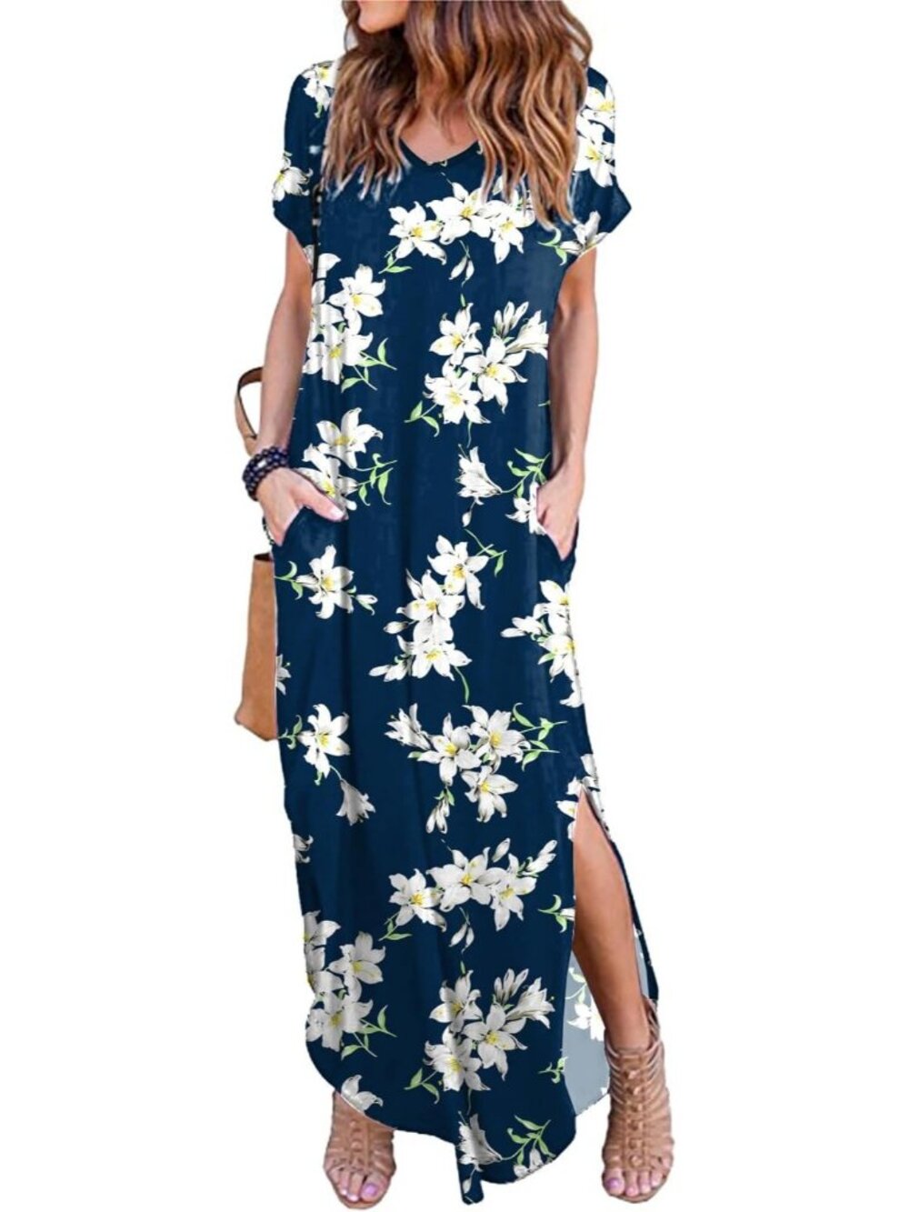 Women's Navy Lily Summer Maxi Long Dress Casual Loose Short Sleeve Split Pockets